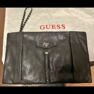GUESS Black Leather Messenger Clutch with Logo Plate